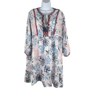 Johnny Was‎ Tunic Top Medium Floral Ramie Tassel Tie Boho DR-1641